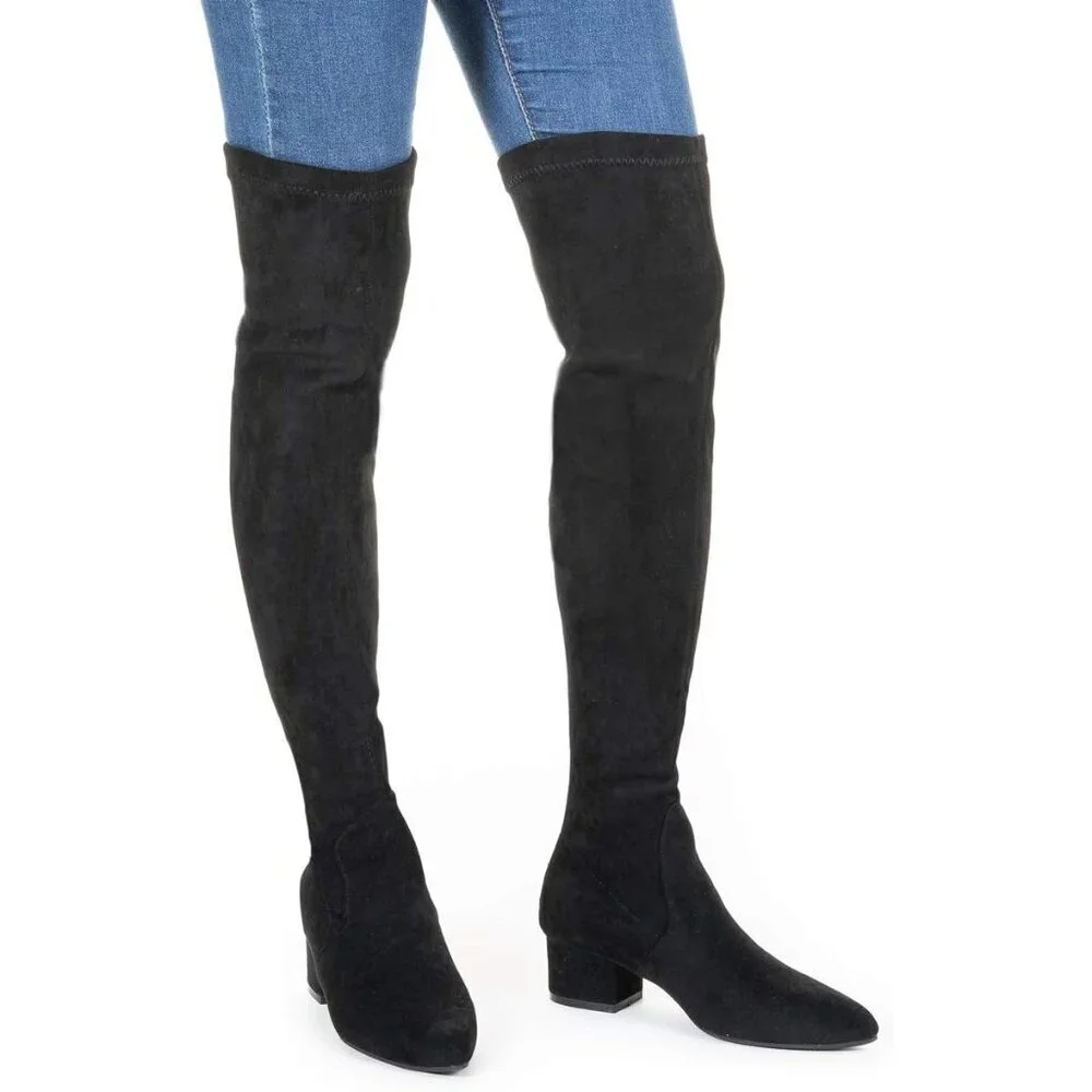 Women Black 2 Inch Over the Knee Thigh High Suede Block Long Pointed toe Boots